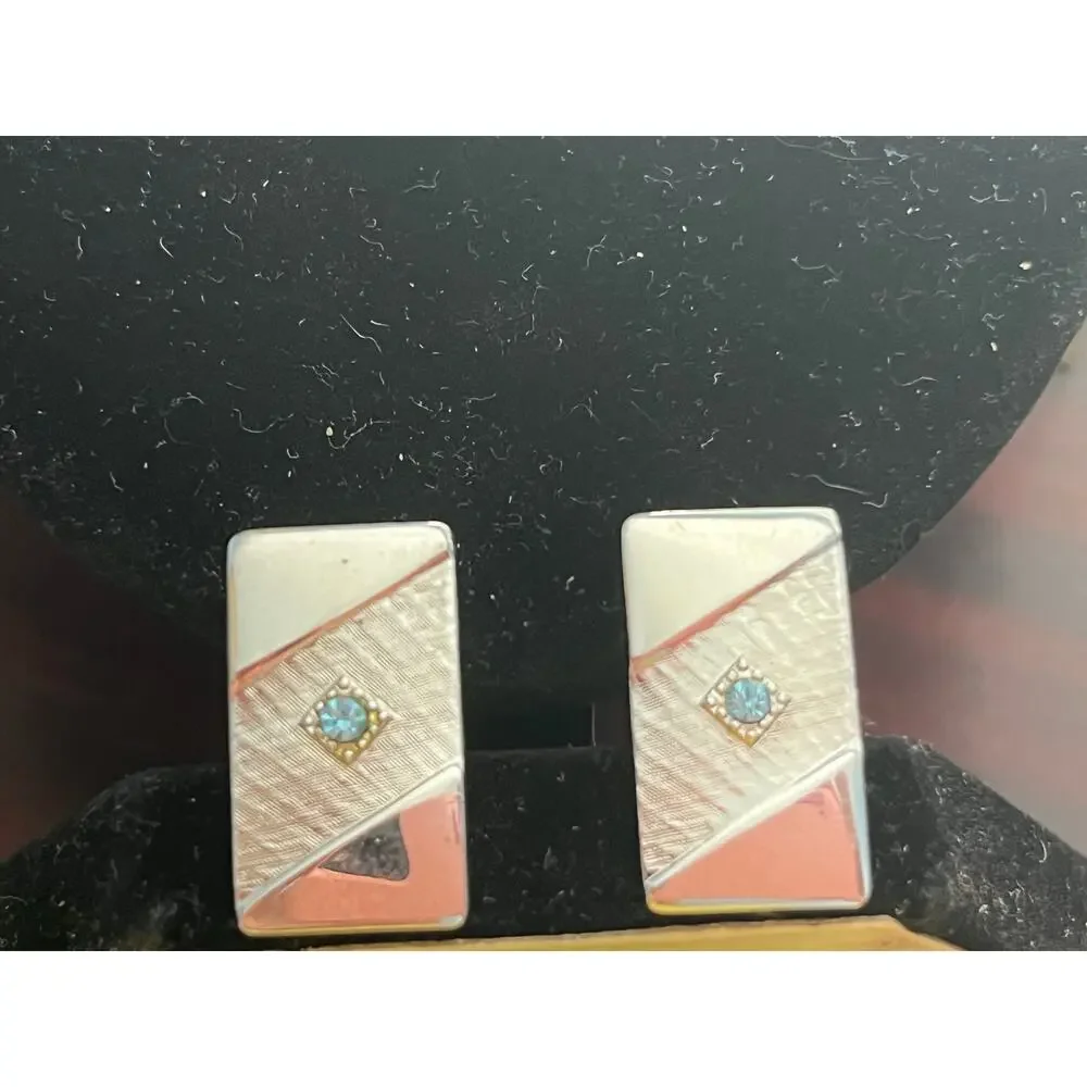 VTG Silver Tone Cufflinks Two Sets Blue Rhinestone Set